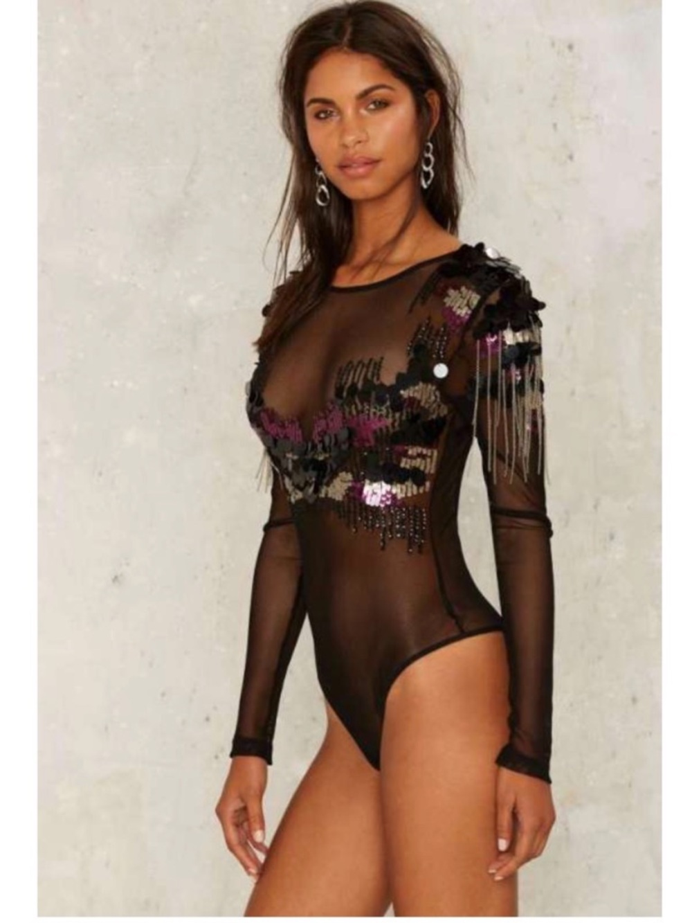 Nasty Gal Collection Sheer Black Long Sleeve Sequin Bodysuit